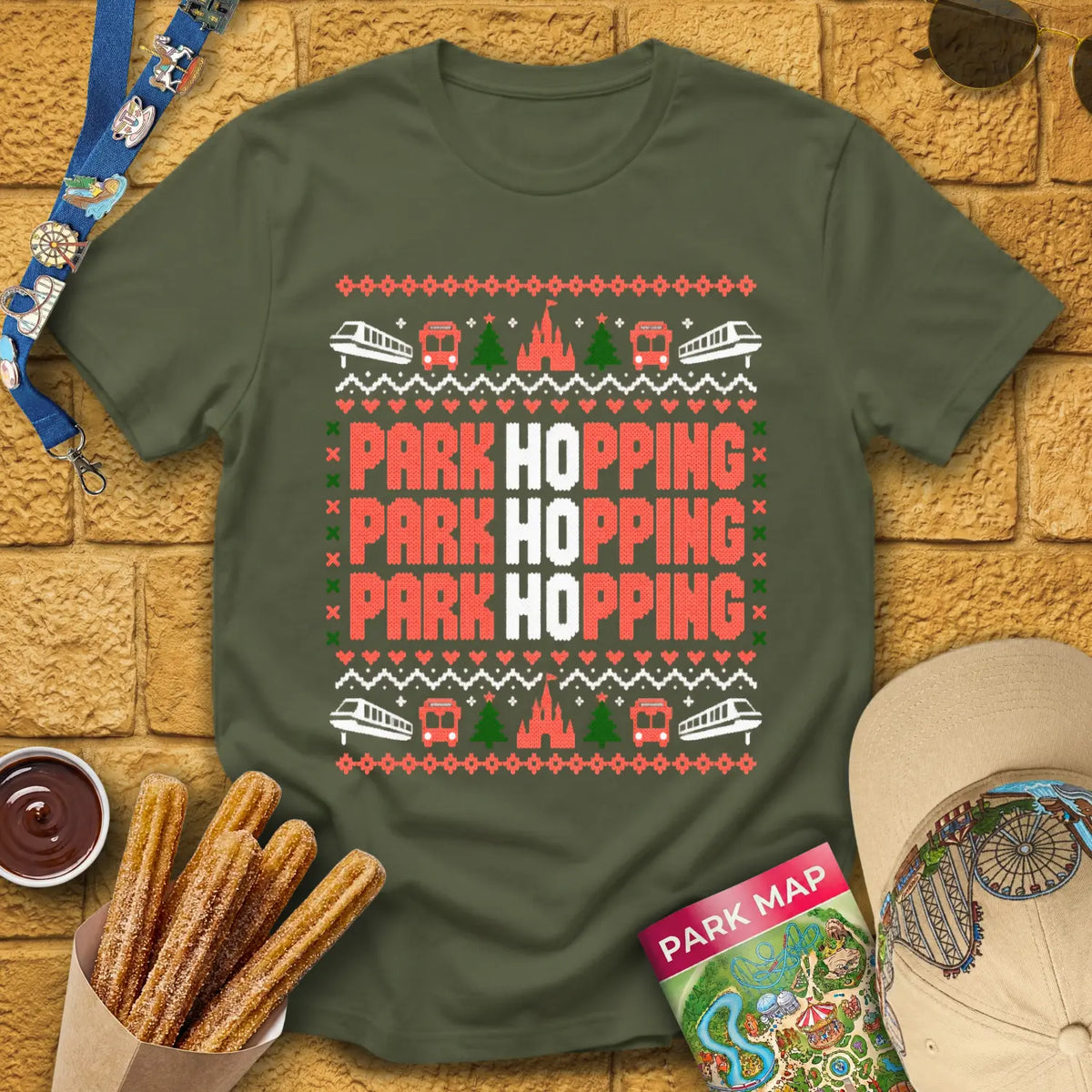 Ho Ho Hopping [PixKnit] T-Shirt for Theme Park Fans (Military Green)