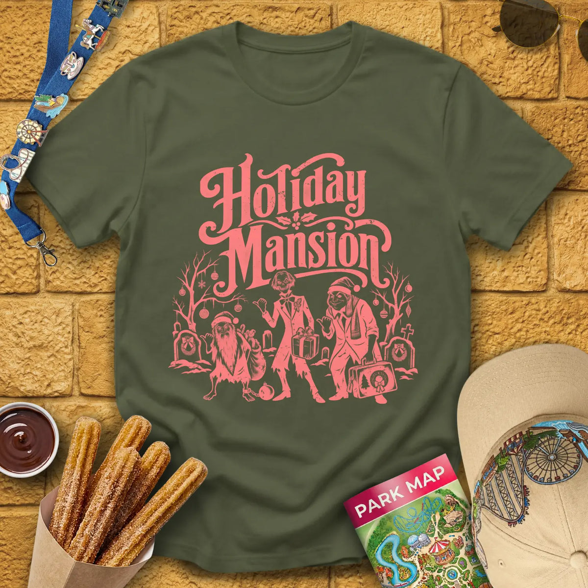 Holiday Mansion Ghosts [Retro] T-Shirt for Theme Park Fans (Military Green)