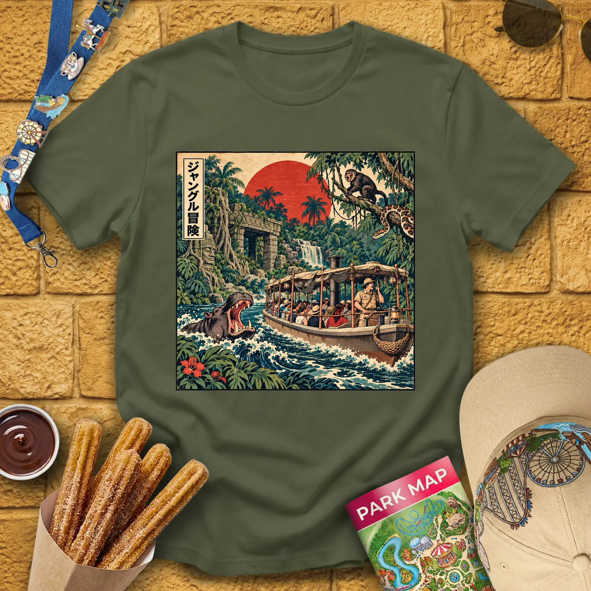 Jungle Adventure [Japanese] T-Shirt for Theme Park Fans (Military Green)