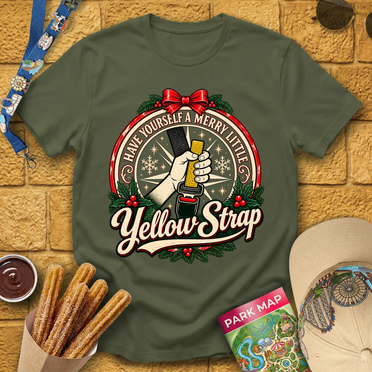 Merry Yellow Strap [Badge] T-Shirt for Theme Park Fans (Military Green)