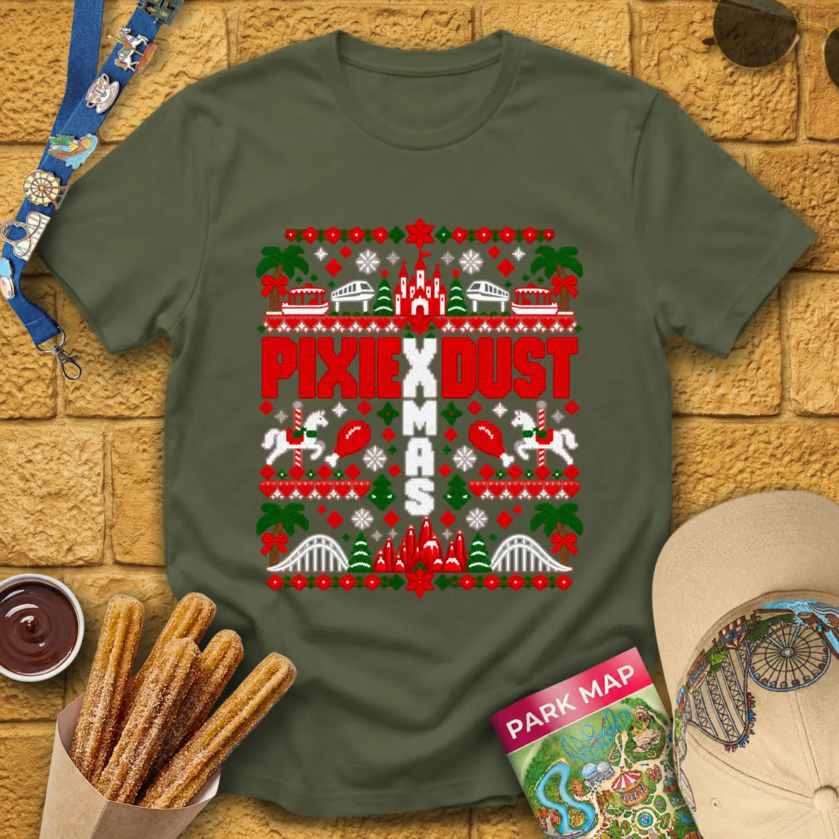 Pixie Dust Xmas [PixKnit] T-Shirt for Theme Park Fans (Military Green)