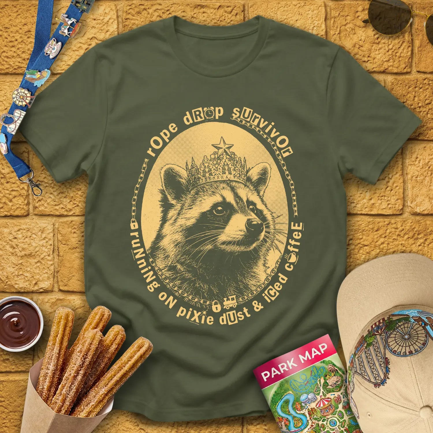 Rope Drop Raccoon [Grunge] T-Shirt for Theme Park Fans (Military Green)