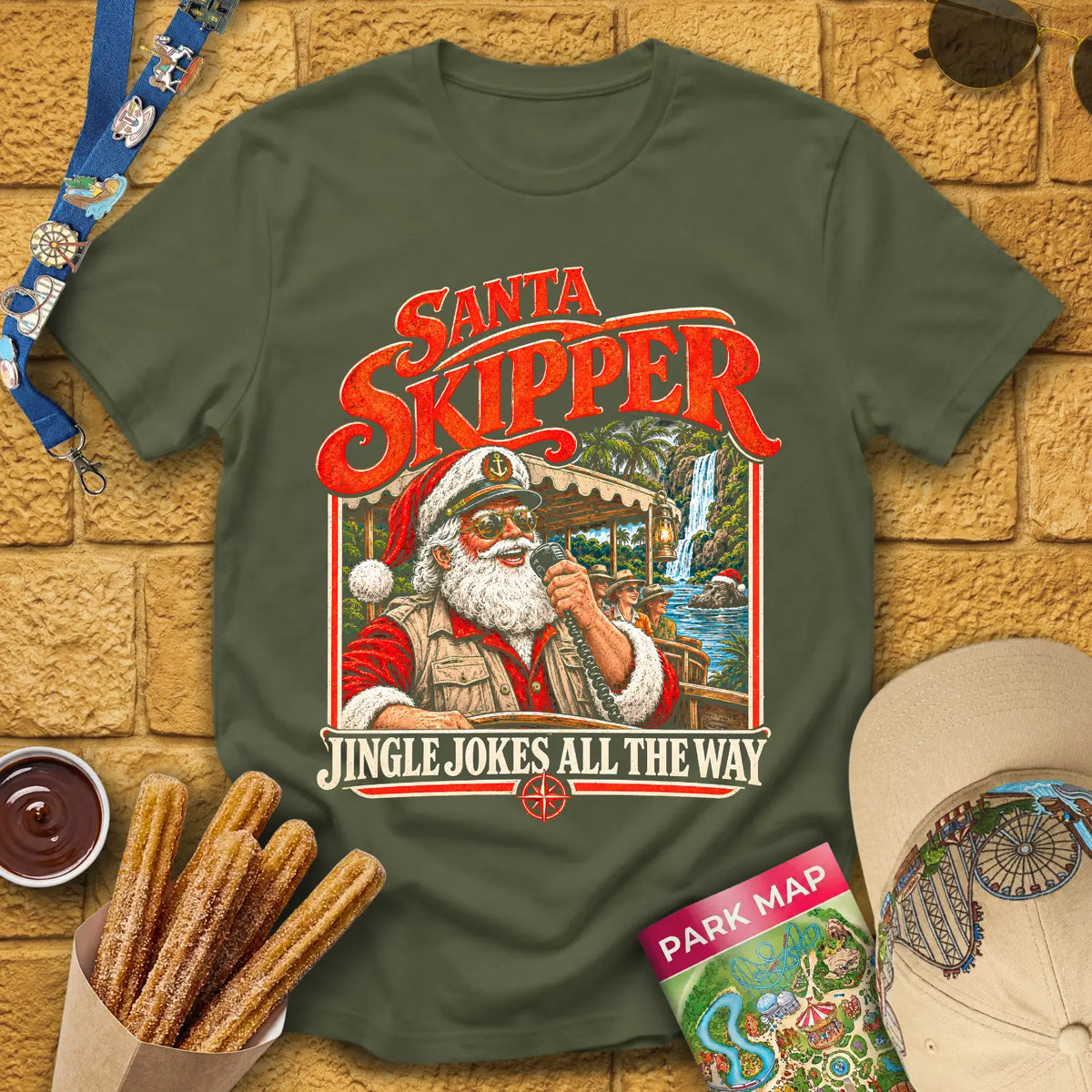Santa Skipper [Retro] T-Shirt for Theme Park Fans (Military Green)
