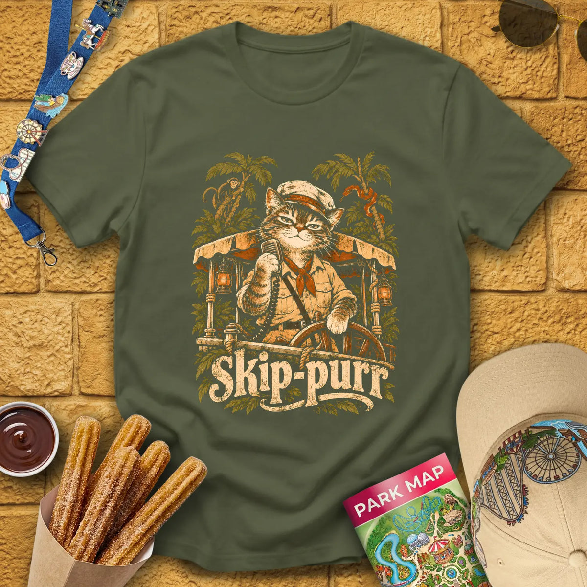 Skip-Purr Cat [Chalky] T-Shirt for Theme Park Fans (Military Green)