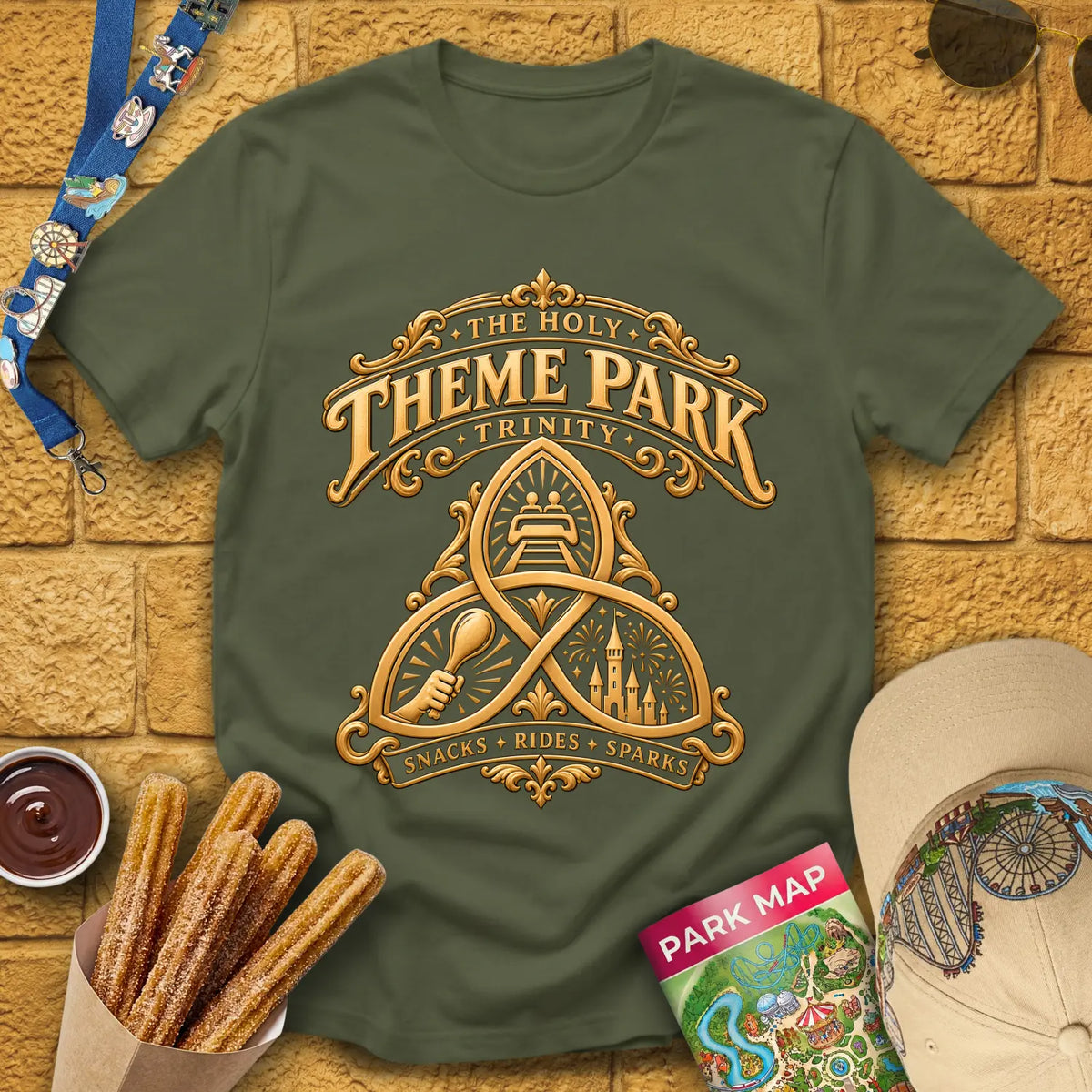 Theme Park Trinity [Elite] T-Shirt for Theme Park Fans (Military Green)