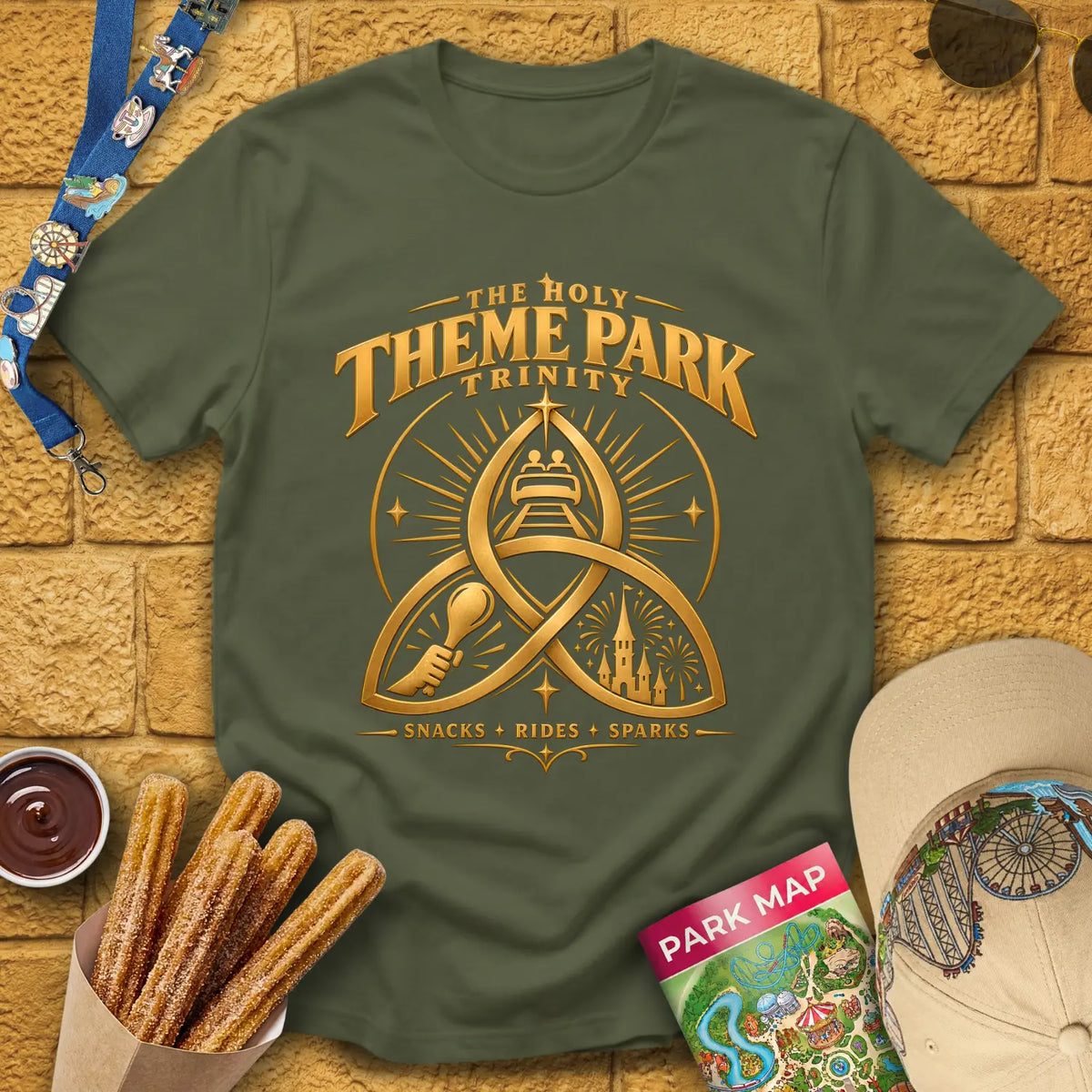 Theme Park Trinity [Golden] T-Shirt for Theme Park Fans (Military Green)