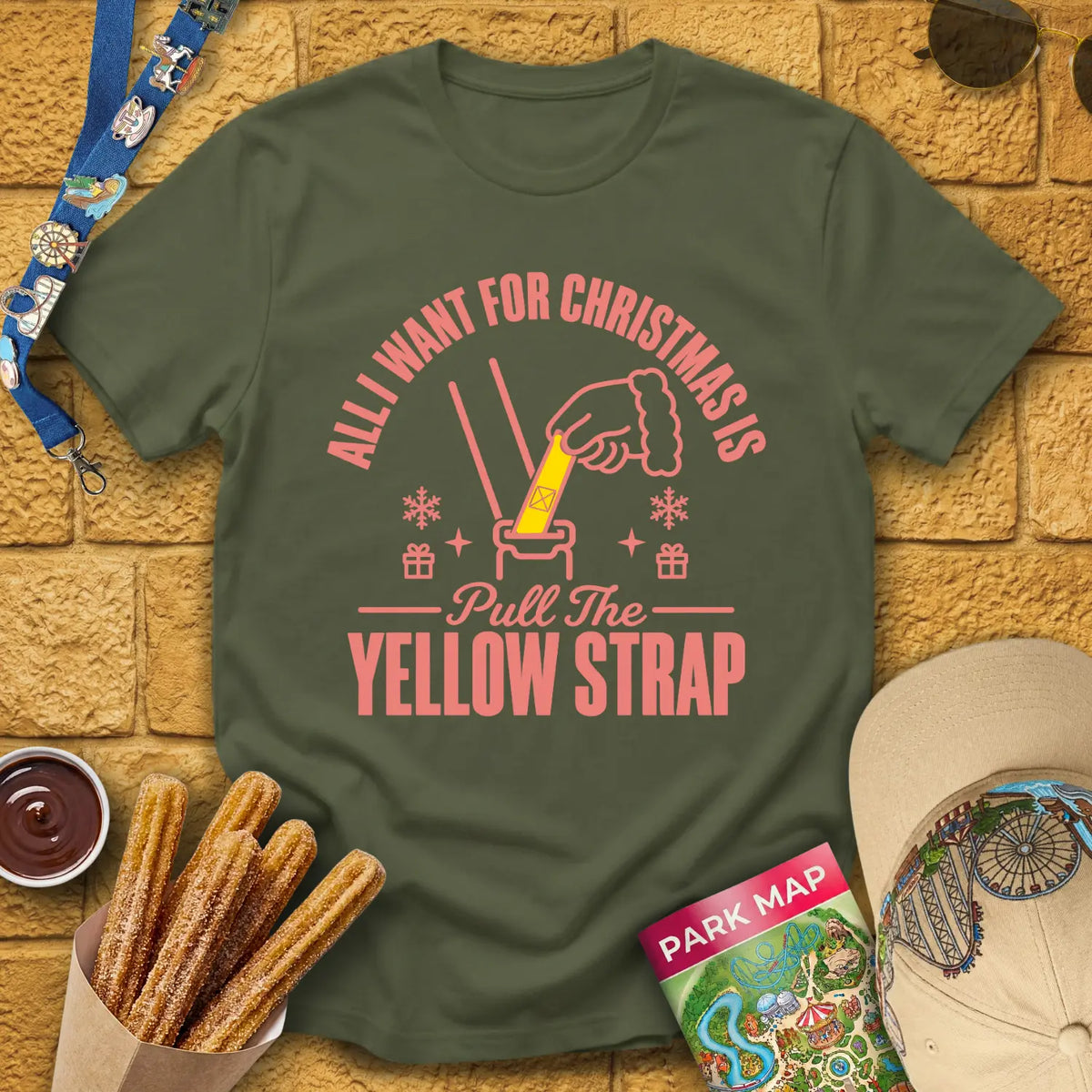Yellow Strap Christmas [Emblem] T-Shirt for Theme Park Fans (Military Green)