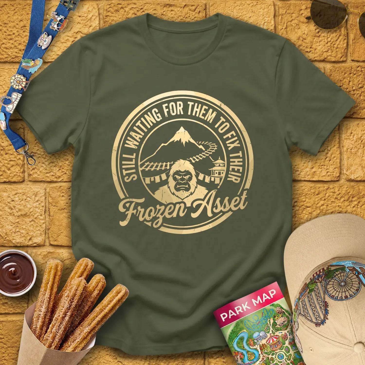 Yeti Frozen Asset [Badge] T-Shirt for Theme Park Fans (Military Green)