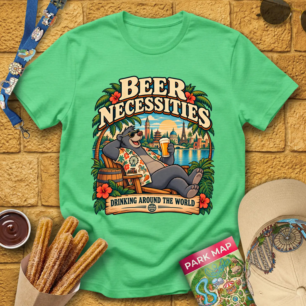Beer Necessities [Comic] T-Shirt for Theme Park Fans (Heather Irish Green)