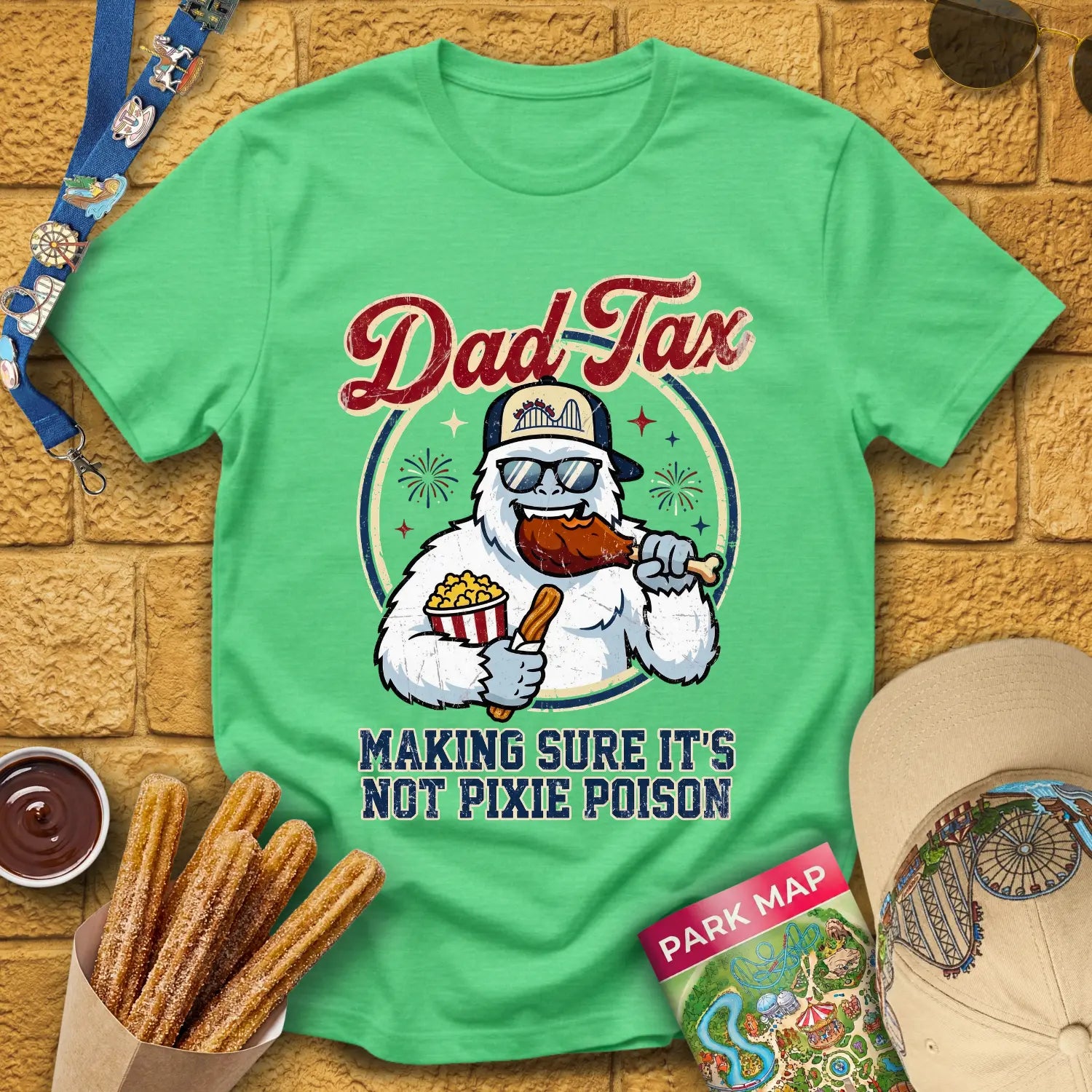 Dad Tax [Badge] T-Shirt for Theme Park Fans (Heather Irish Green)