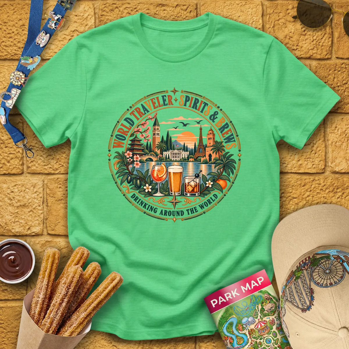 Drinking Around The World [Boho] T-Shirt for Theme Park Fans (Heather Irish Green)