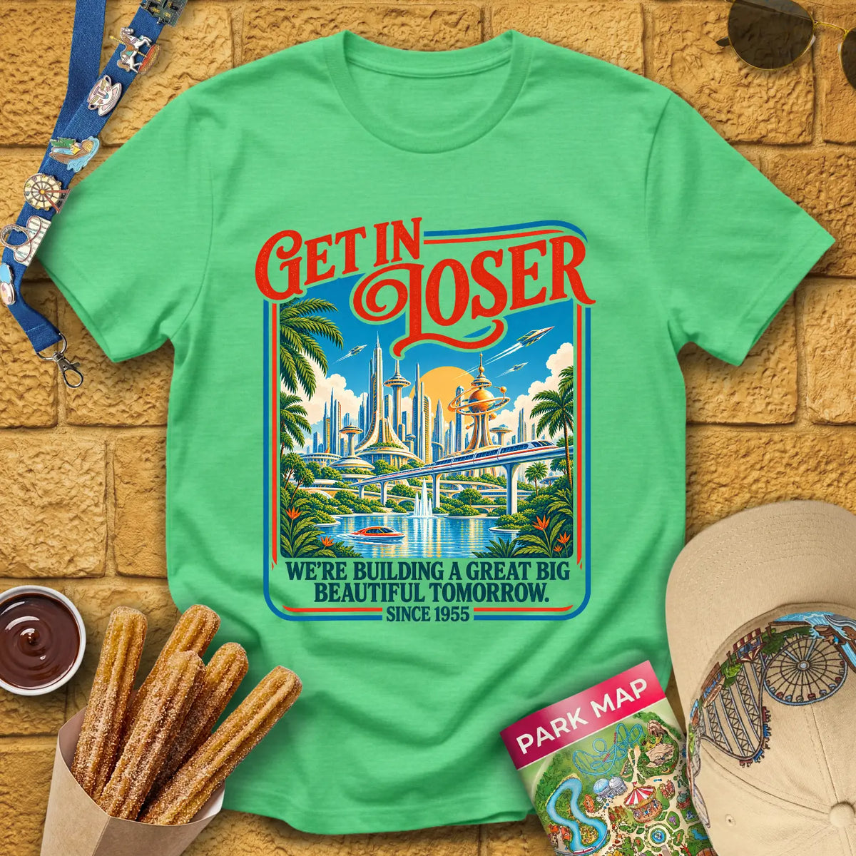 Get In Loser Tomorrow [Poster] T-Shirt for Theme Park Fans (Heather Irish Green)