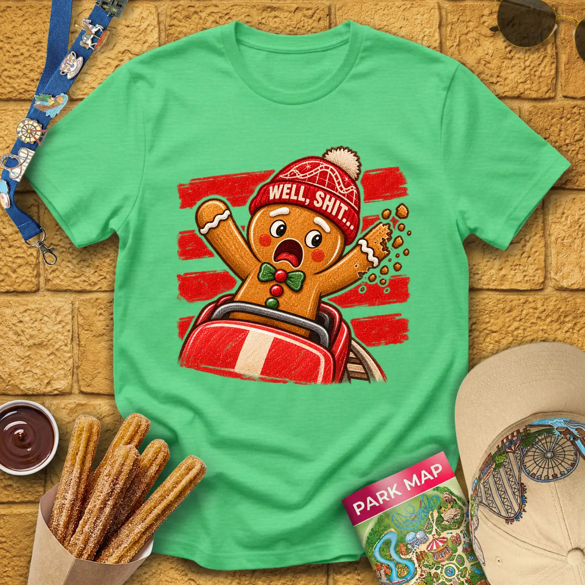 Gingerbread Man Fail [Striped] T-Shirt for Theme Park Fans (Heather Irish Green)