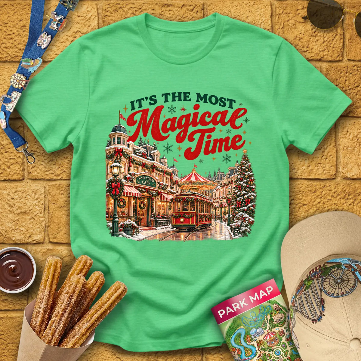 Magical Time Street [Retro] T-Shirt for Theme Park Fans (Heather Irish Green)