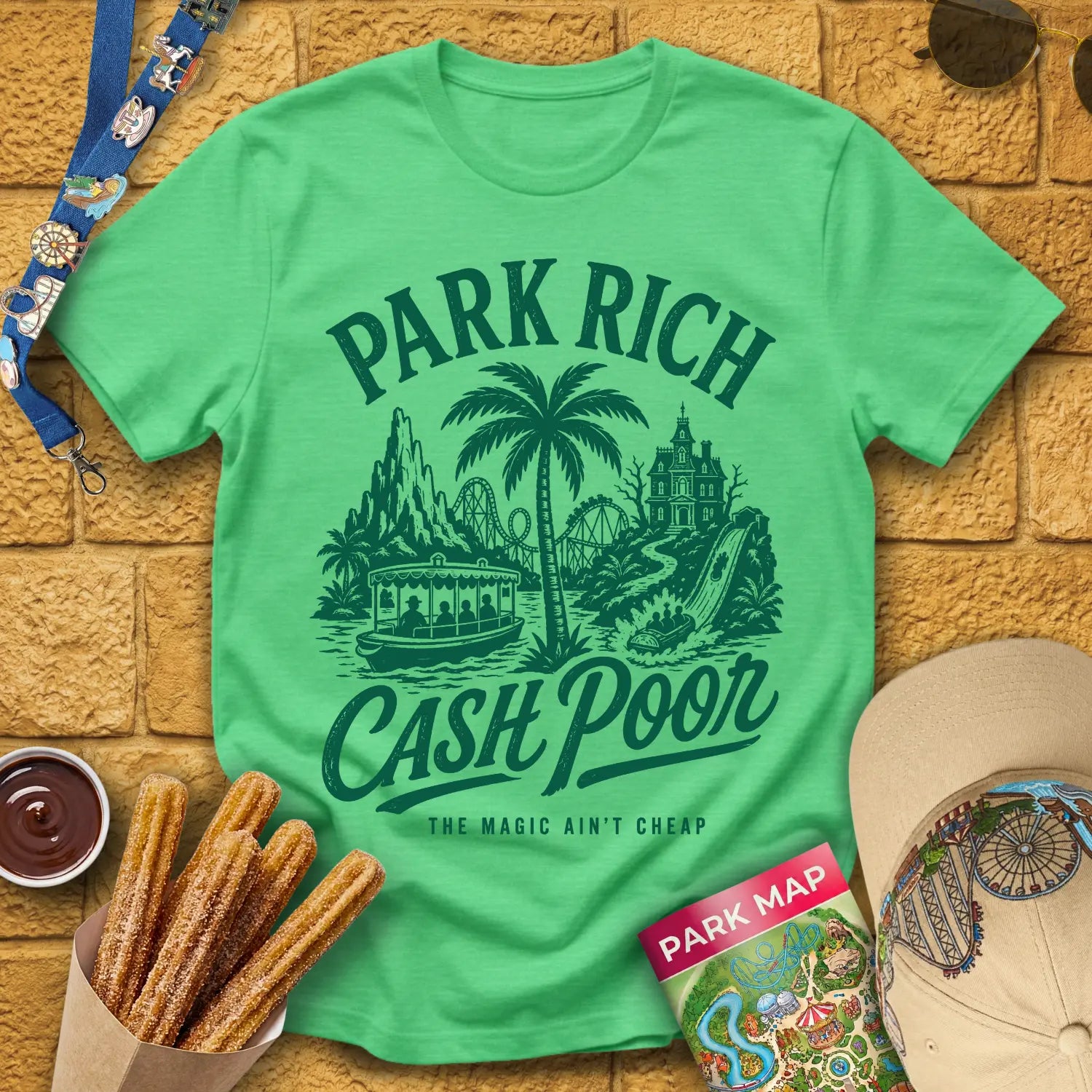 Park Rich Cash Poor [RetroBrush] T-Shirt for Theme Park Fans (Heather Irish Green)