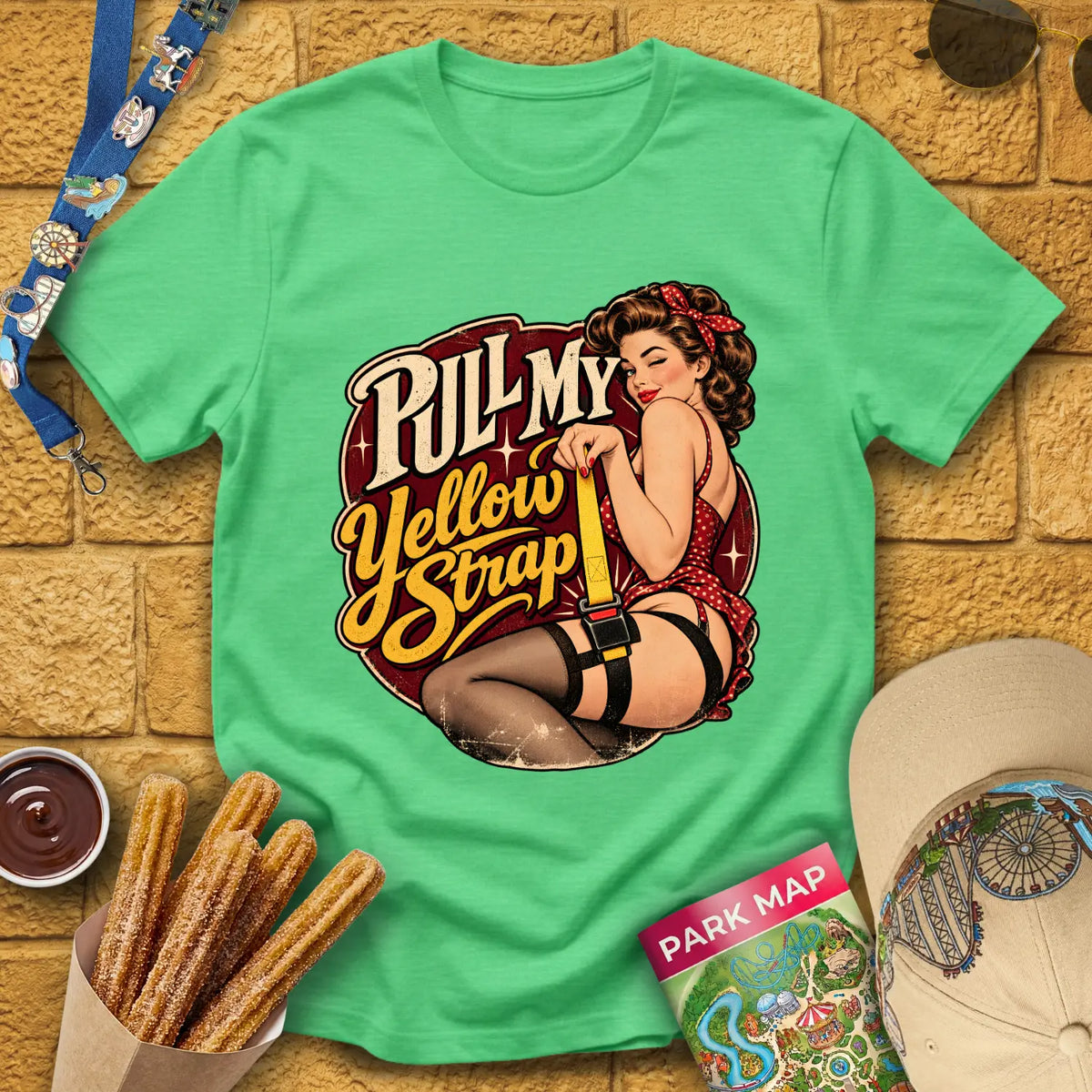 Pull My Yellow Strap [50s] T-Shirt for Theme Park Fans (Heather Irish Green)