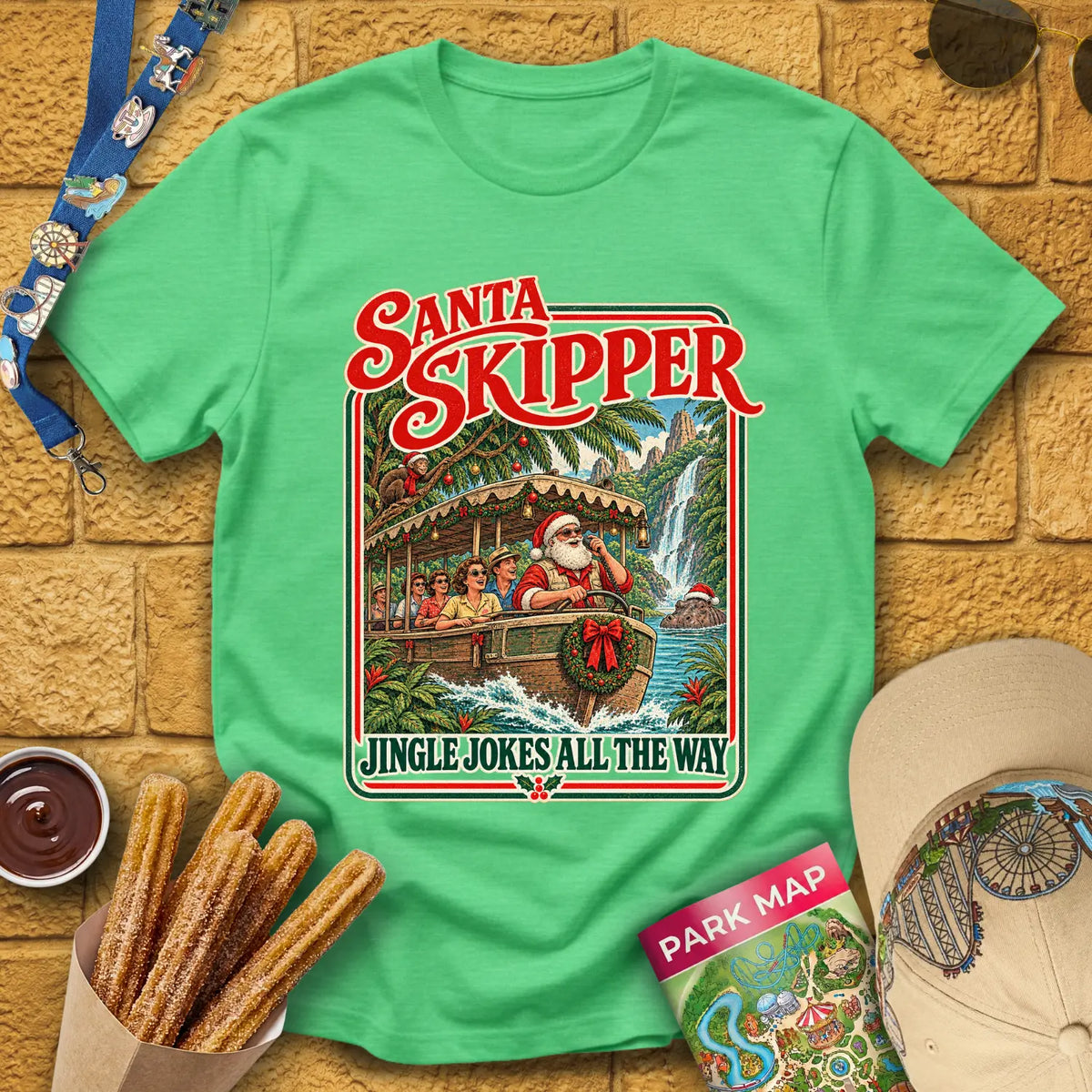 Santa Skipper [Poster] T-Shirt for Theme Park Fans (Heather Irish Green)