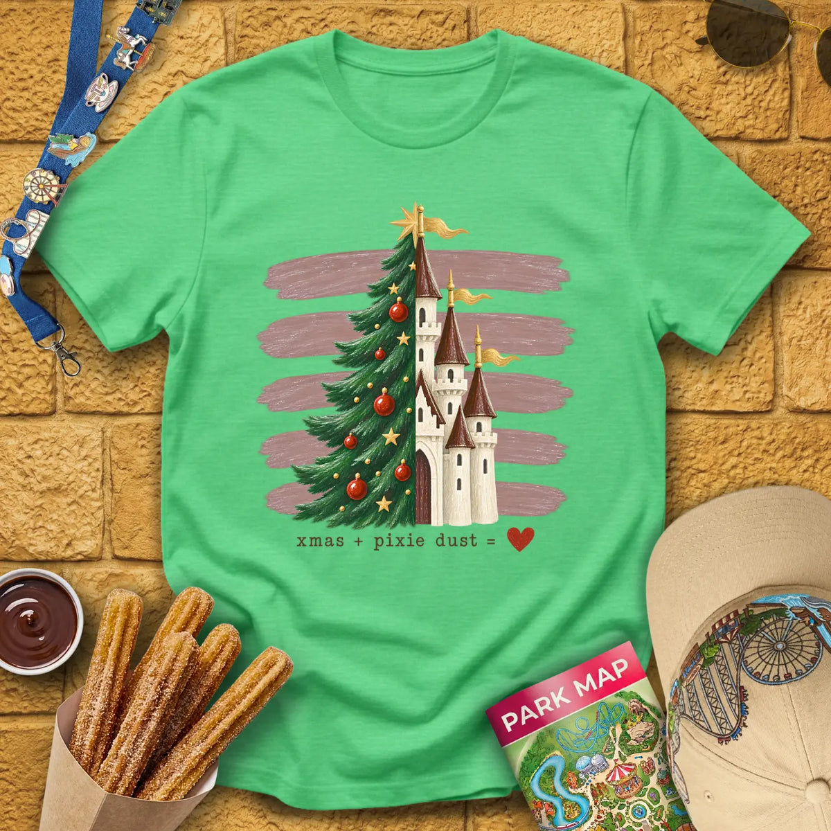 Tree & Castle [Rustic] T-Shirt for Theme Park Fans (Heather Irish Green)