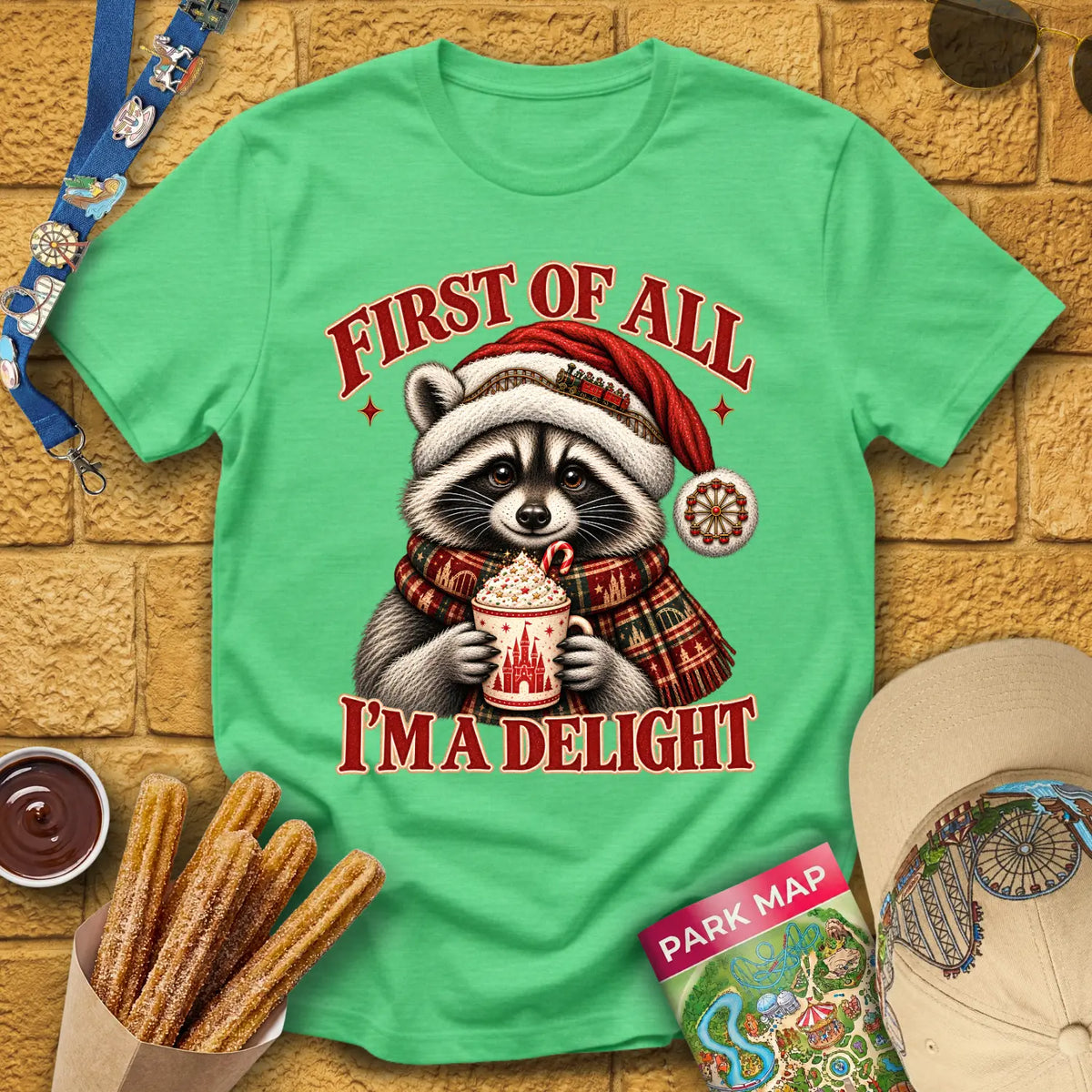 Xmas Raccoon [Etched] T-Shirt for Theme Park Fans (Heather Irish Green)