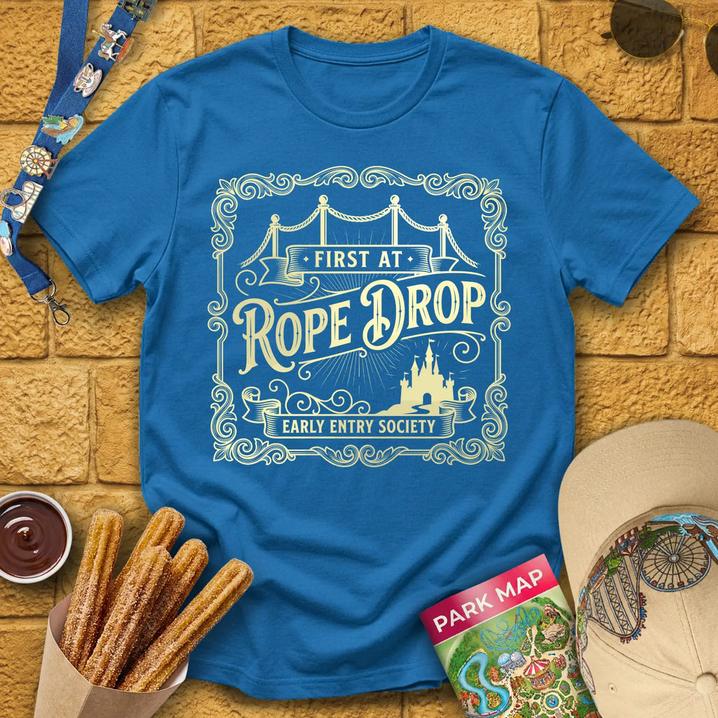 First At Rope Drop [Victorian] T-Shirt for Theme Park Fans (Antique Sapphire)