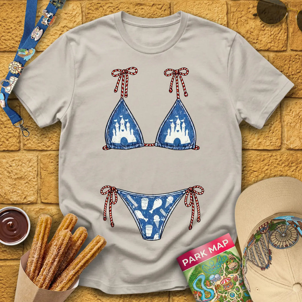 Bikini [Distressed] T-Shirt for Theme Park Fans (Ice Grey)