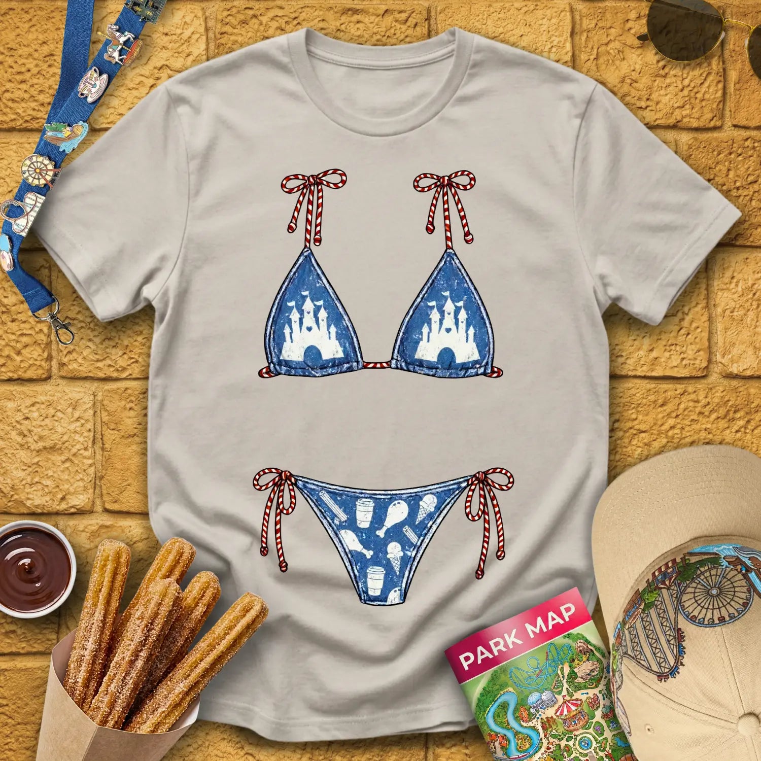 Bikini [Distressed] T-Shirt for Theme Park Fans (Ice Grey)