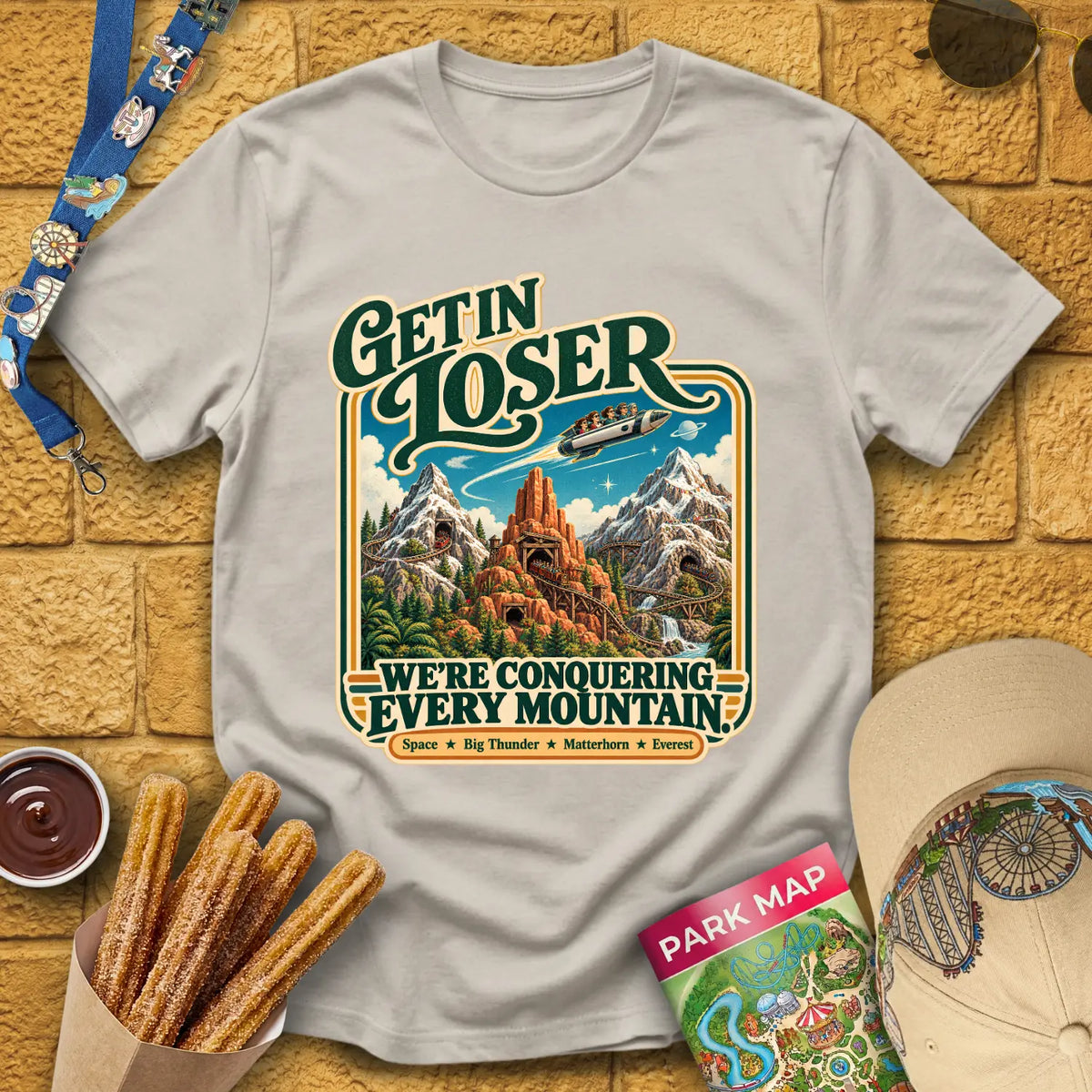 Get In Loser Mountains [Poster] T-Shirt for Theme Park Fans (Ice Grey)