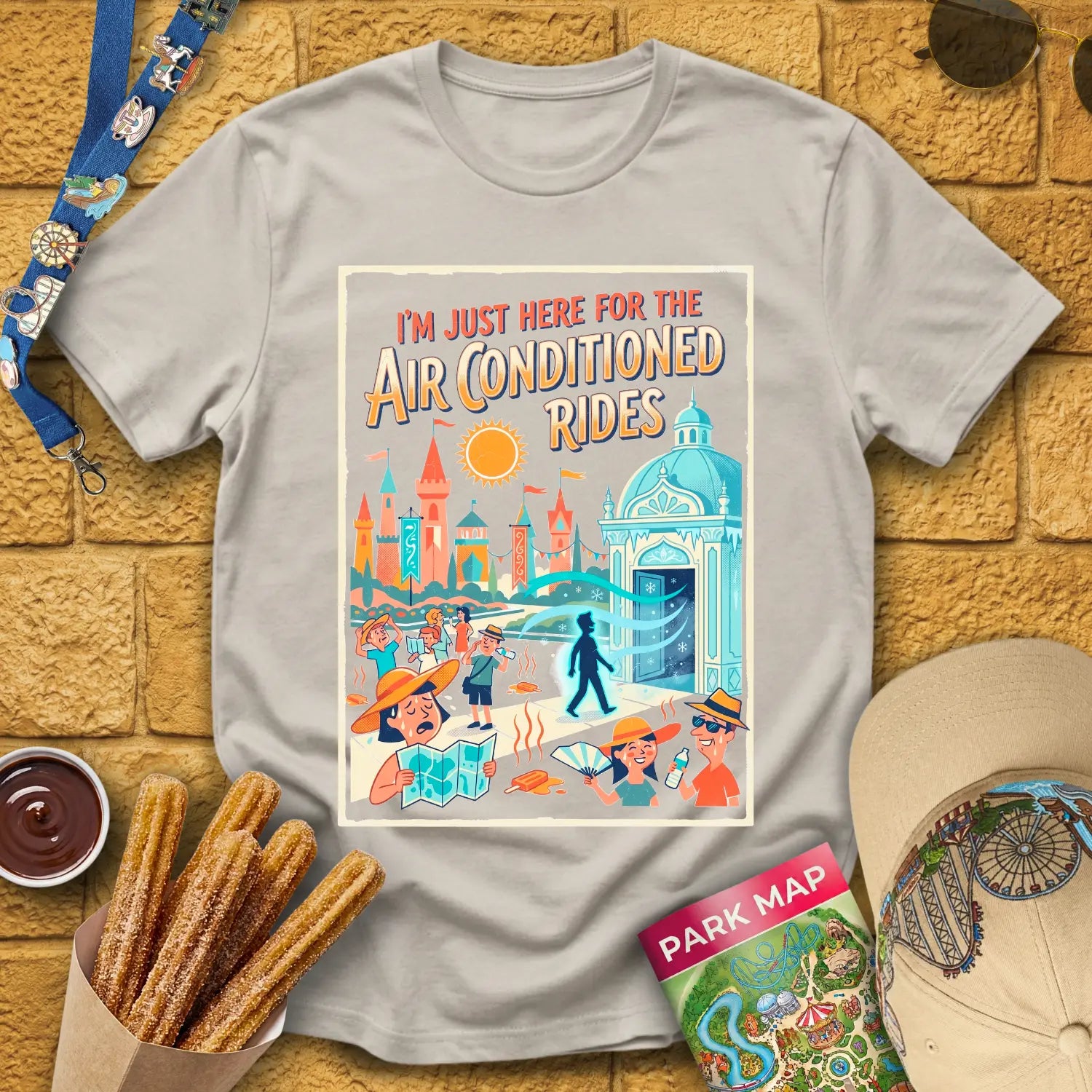 Here For AC Rides [RetroComic] T-Shirt for Theme Park Fans (Ice Grey)