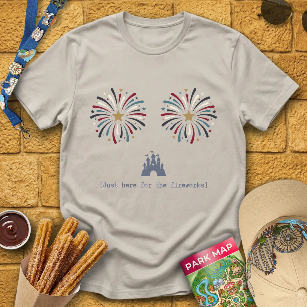Here For Fireworks [Girly] T-Shirt for Theme Park Fans (Ice Grey)