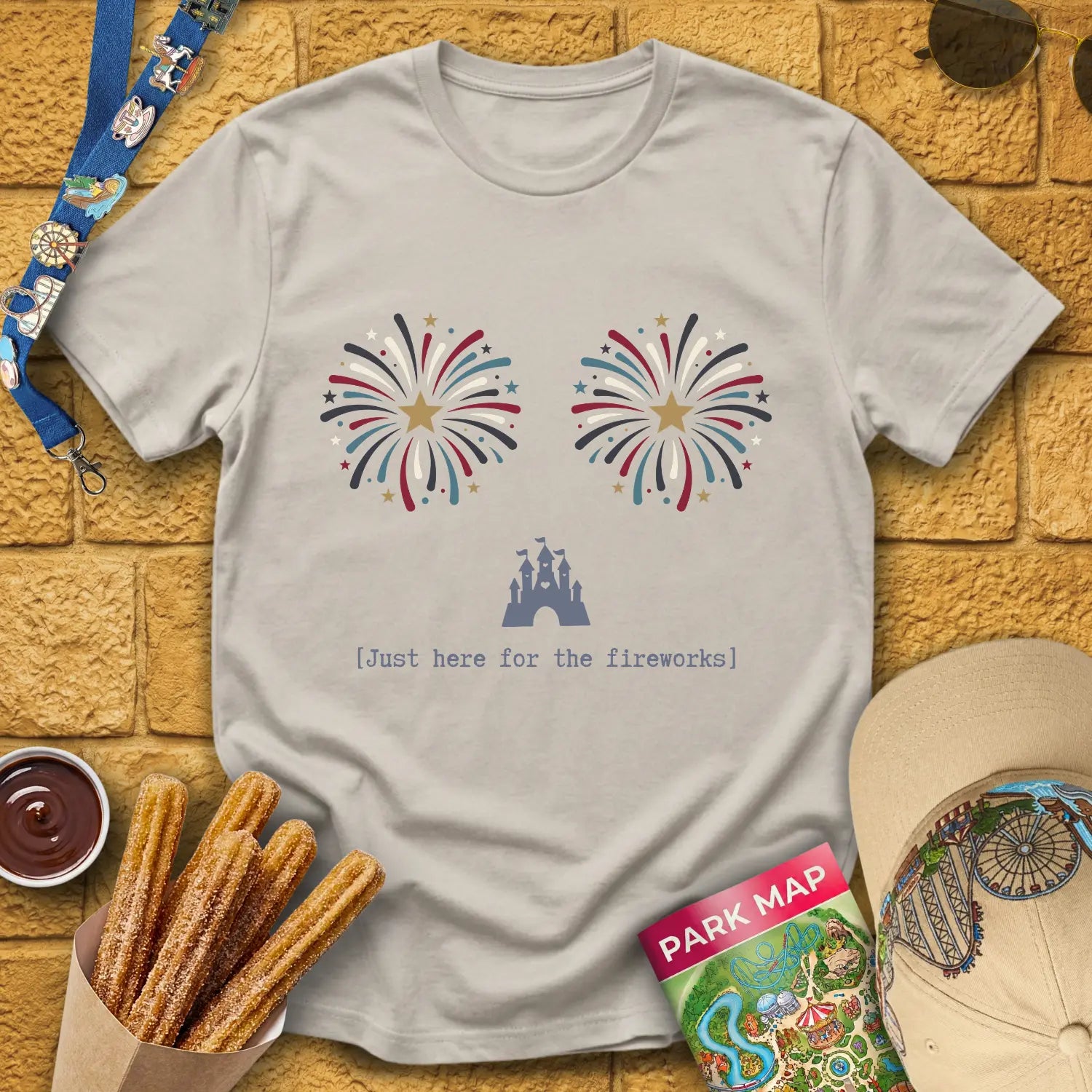 Here For Fireworks [Girly] T-Shirt for Theme Park Fans (Ice Grey)