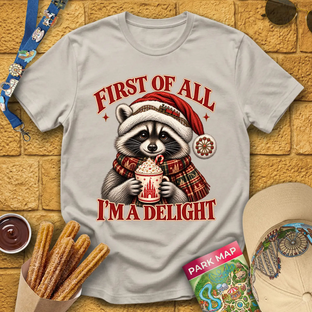 Xmas Raccoon [Etched] T-Shirt for Theme Park Fans (Ice Grey)