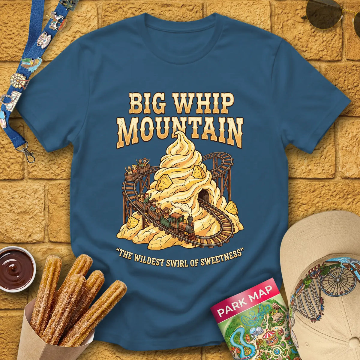 Big Whip Mountain [Western] T-Shirt for Theme Park Fans (Indigo Blue)