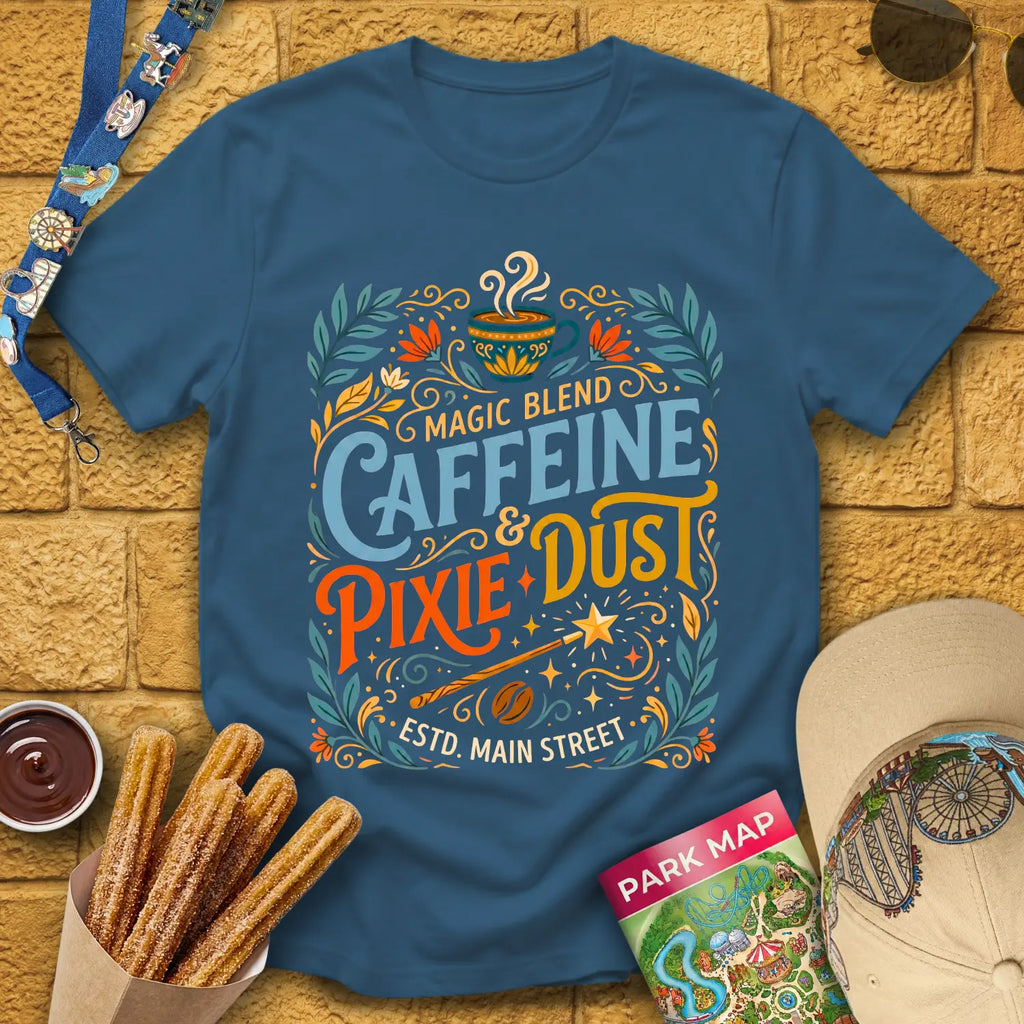 Caffeine & Pixie Dust [RetroBoho1] T-Shirt for Theme Park Fans (Indigo Blue)