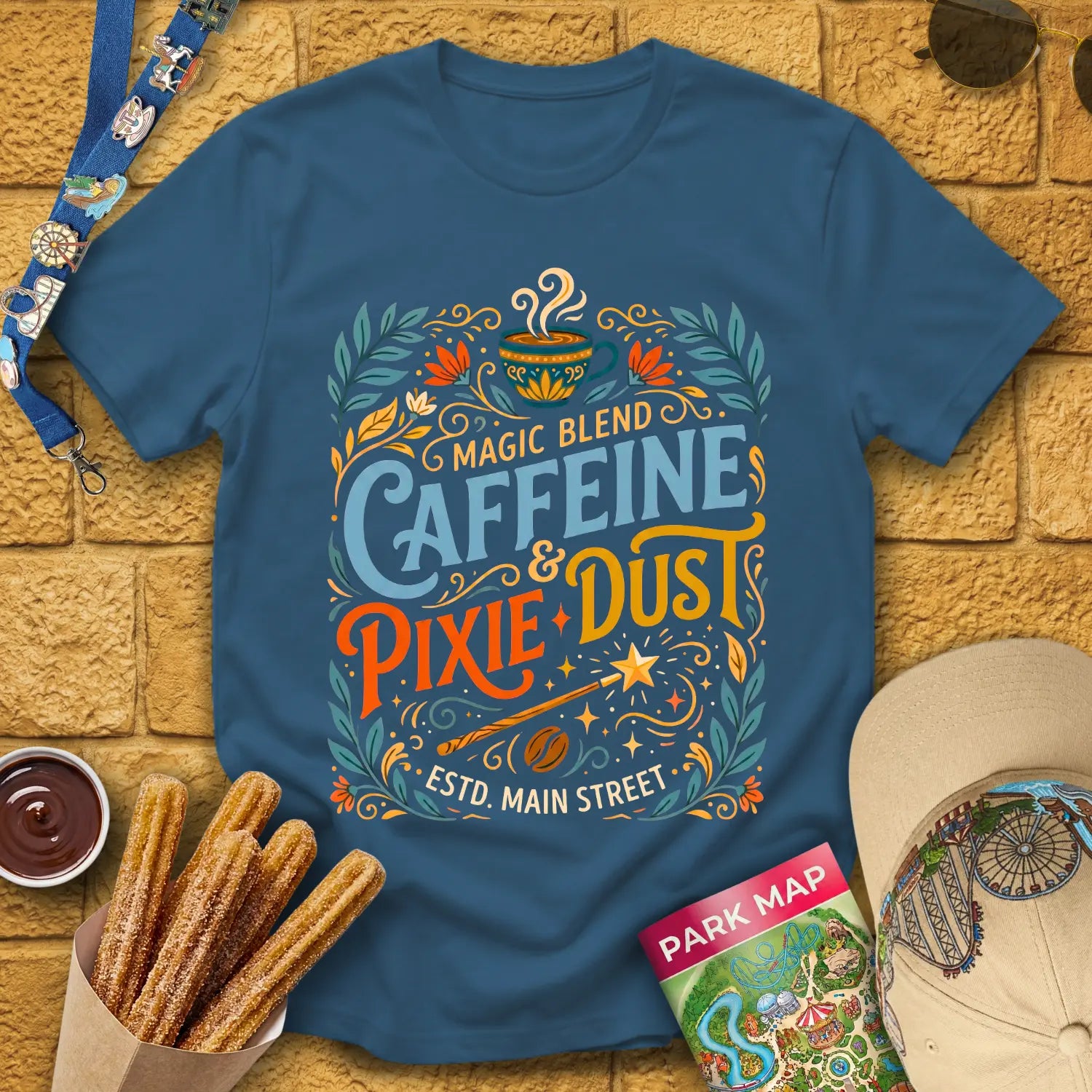 Caffeine & Pixie Dust [RetroBoho1] T-Shirt for Theme Park Fans (Indigo Blue)