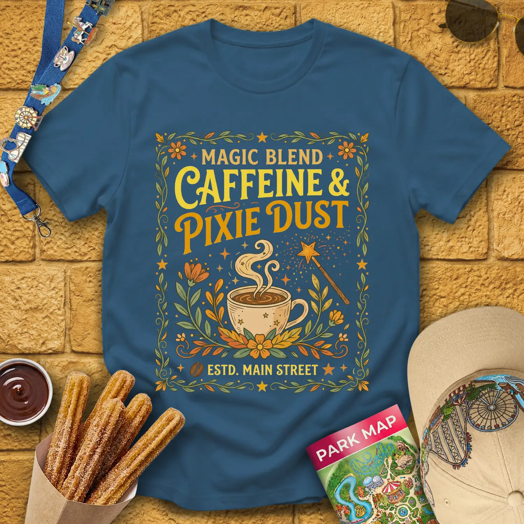 Caffeine & Pixie Dust [RetroBoho2] T-Shirt for Theme Park Fans (Indigo Blue)