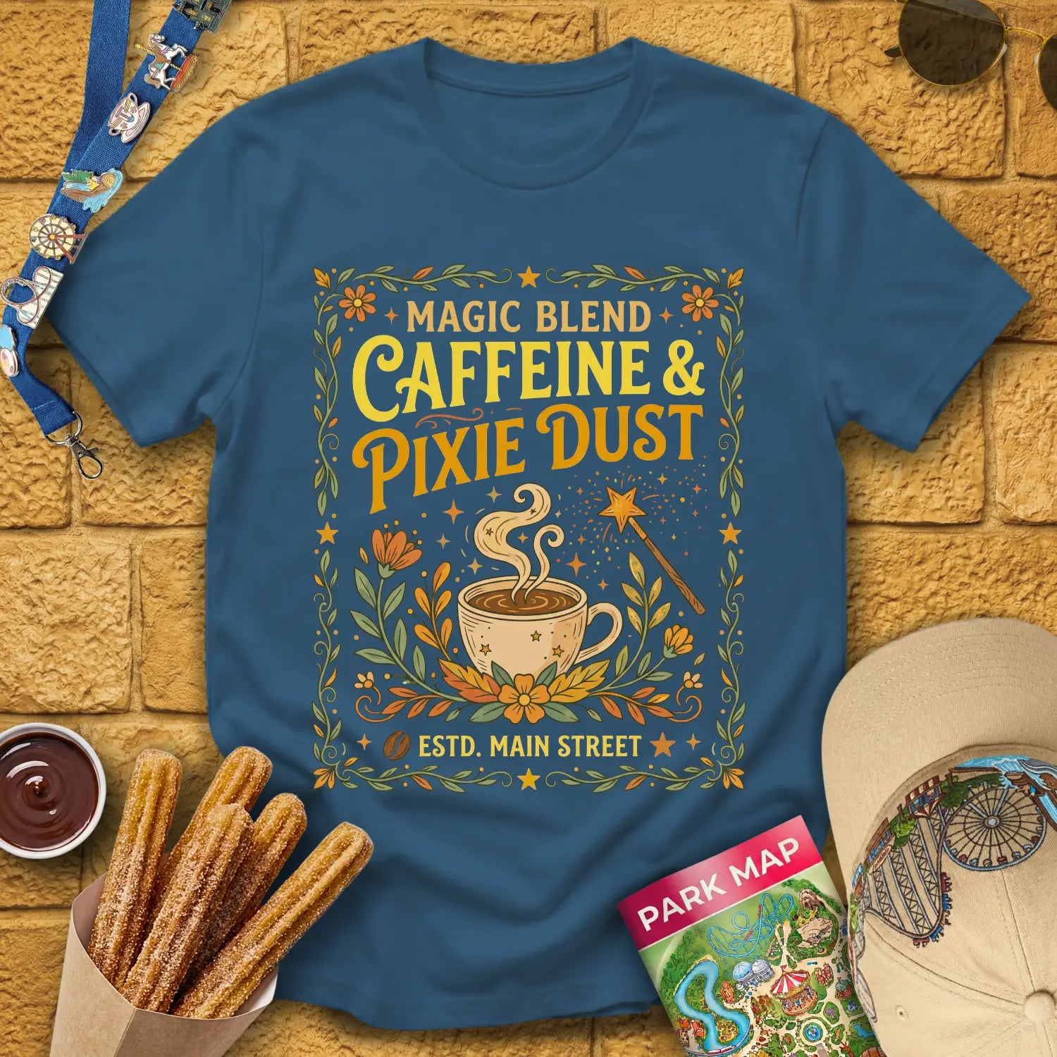 Caffeine & Pixie Dust [RetroBoho2] T-Shirt for Theme Park Fans (Indigo Blue)