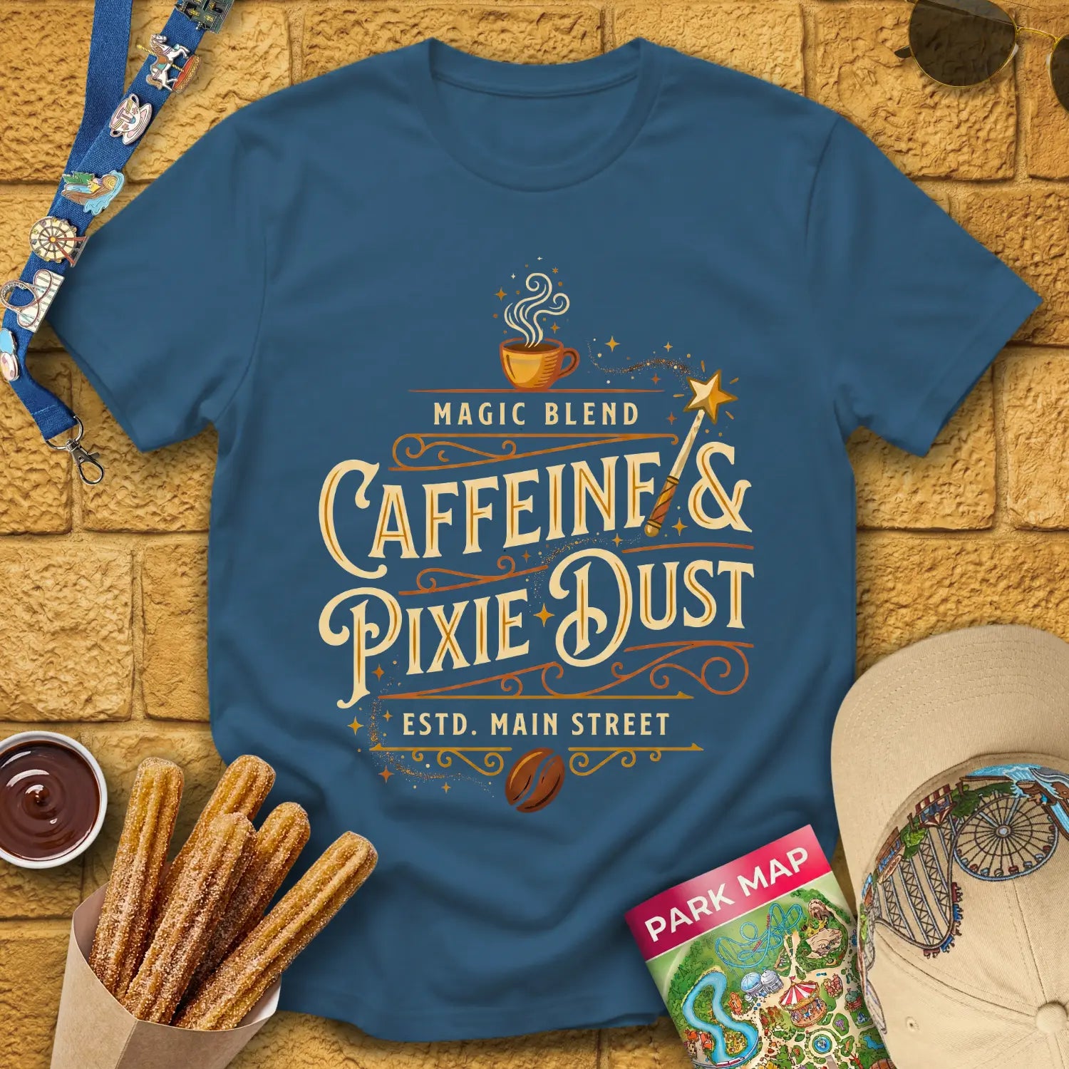 Caffeine & Pixie Dust [VictorianOval] T-Shirt for Theme Park Fans (Indigo Blue)