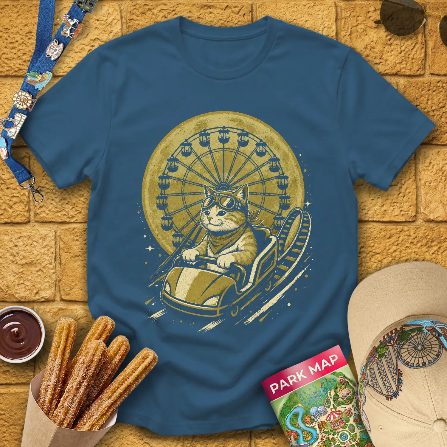 Cat Coaster [JapRetro] T-Shirt for Theme Park Fans (Indigo Blue)