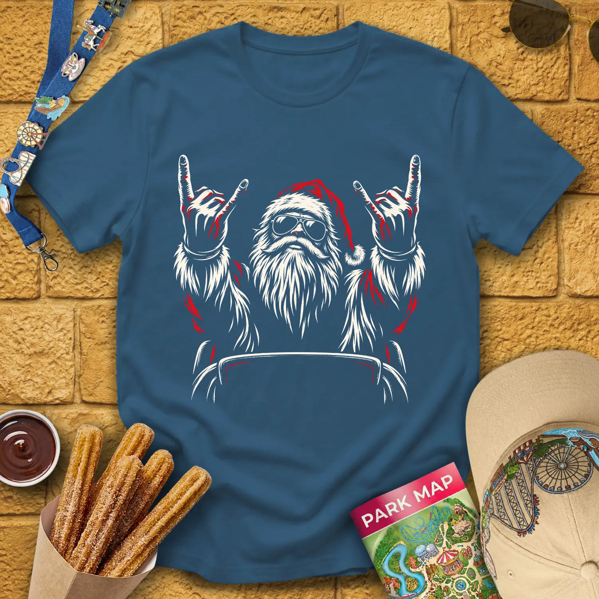 Coaster Santa [LinoArt] T-Shirt for Theme Park Fans (Indigo Blue)