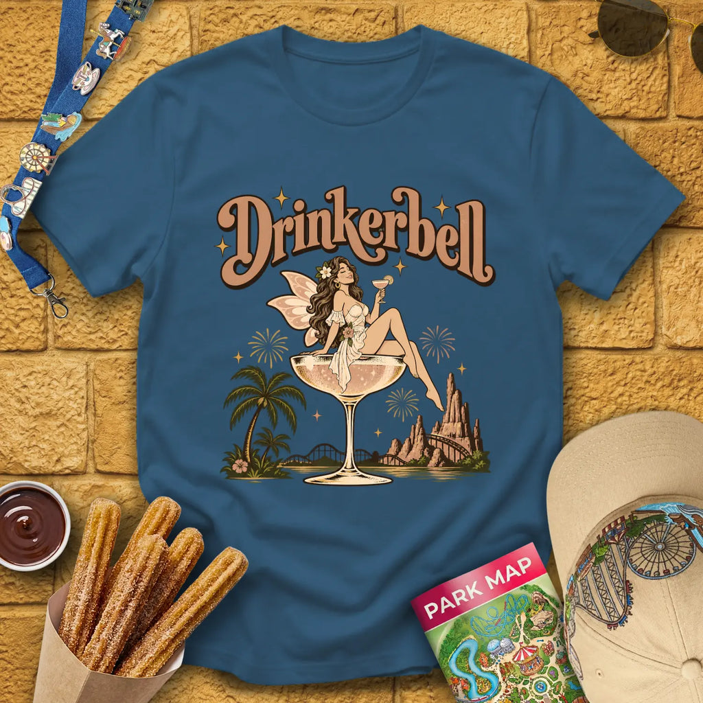 Drinkerbell [70s] T-Shirt for Theme Park Fans (Indigo Blue)