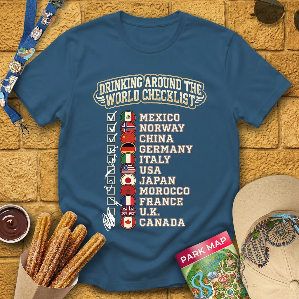 Drinking Checklist [College] T-Shirt for Theme Park Fans (Indigo Blue)