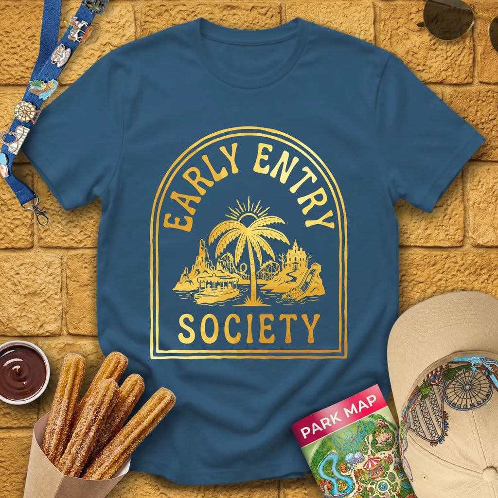 Early Entry Society [Tropic] T-Shirt for Theme Park Fans (Indigo Blue)