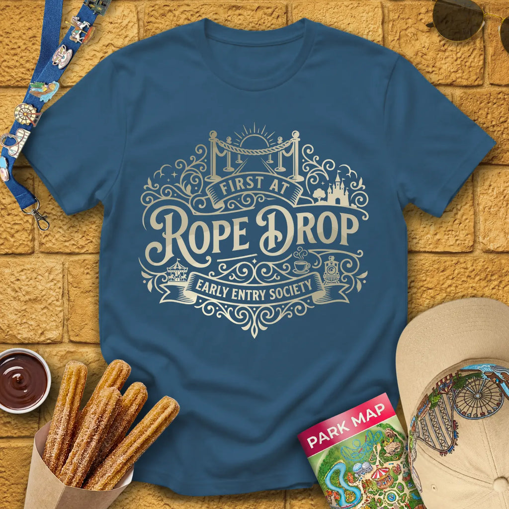 First At Rope Drop [VictorianBadge] T-Shirt for Theme Park Fans (Indigo Blue)