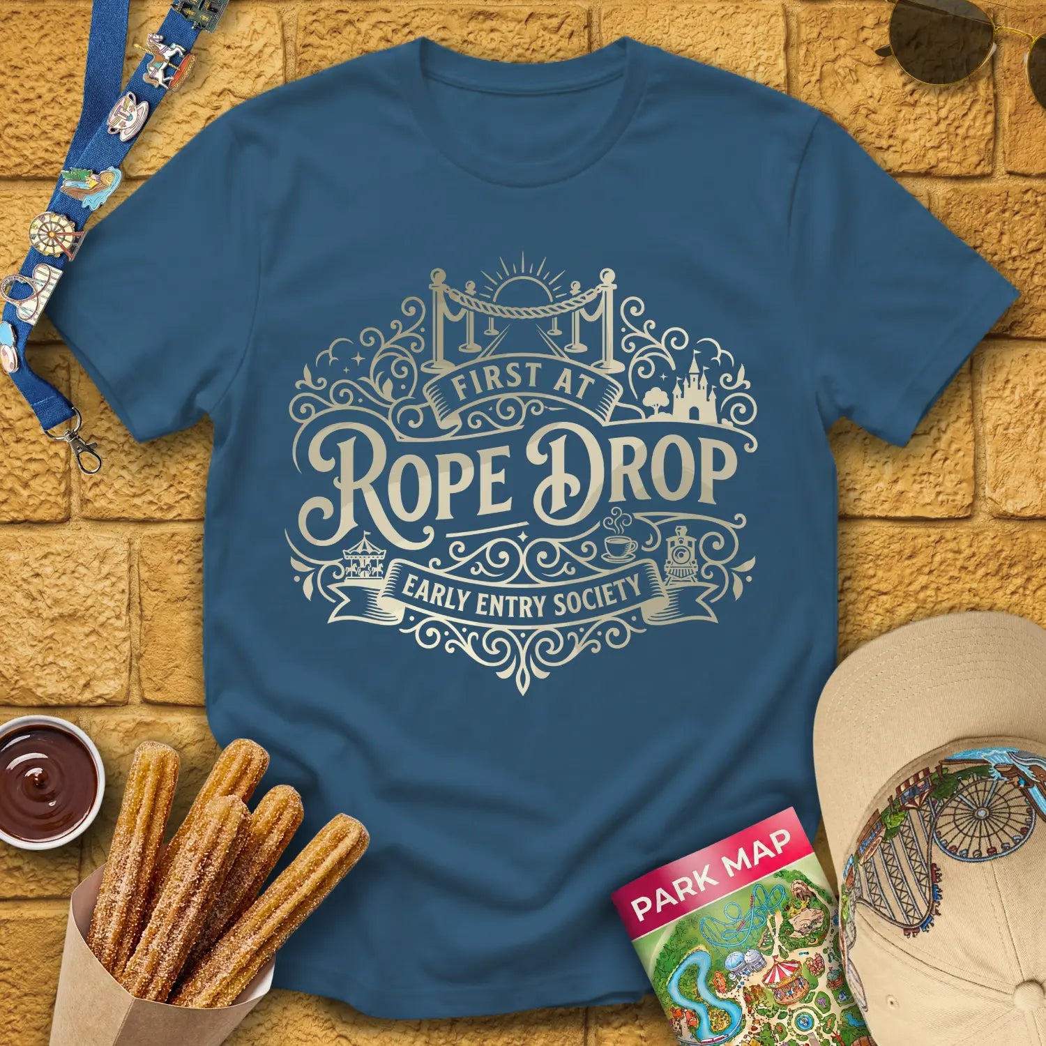 First At Rope Drop [VictorianBadge] T-Shirt for Theme Park Fans (Indigo Blue)