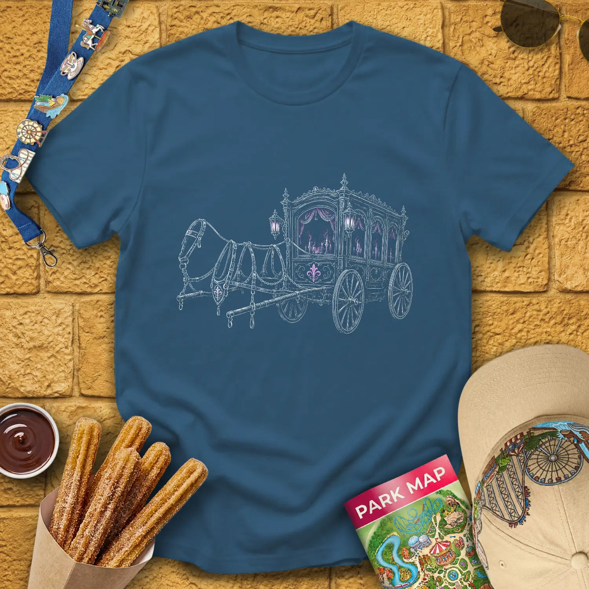 Ghostly Hearse [Woodcut] T-Shirt for Theme Park Fans (Indigo Blue)