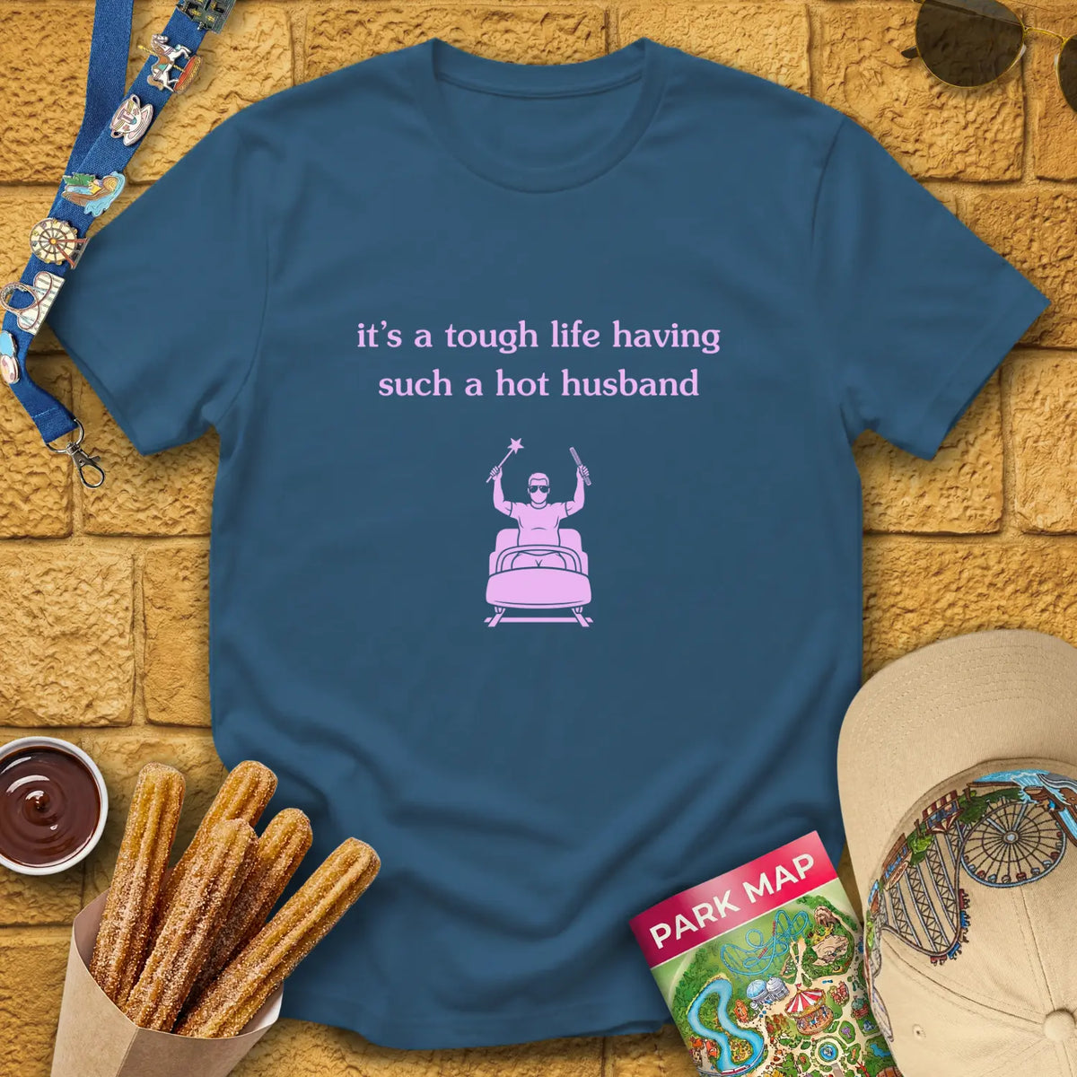 Hot Husband [Sleek] T-Shirt for Theme Park Fans (Indigo Blue)
