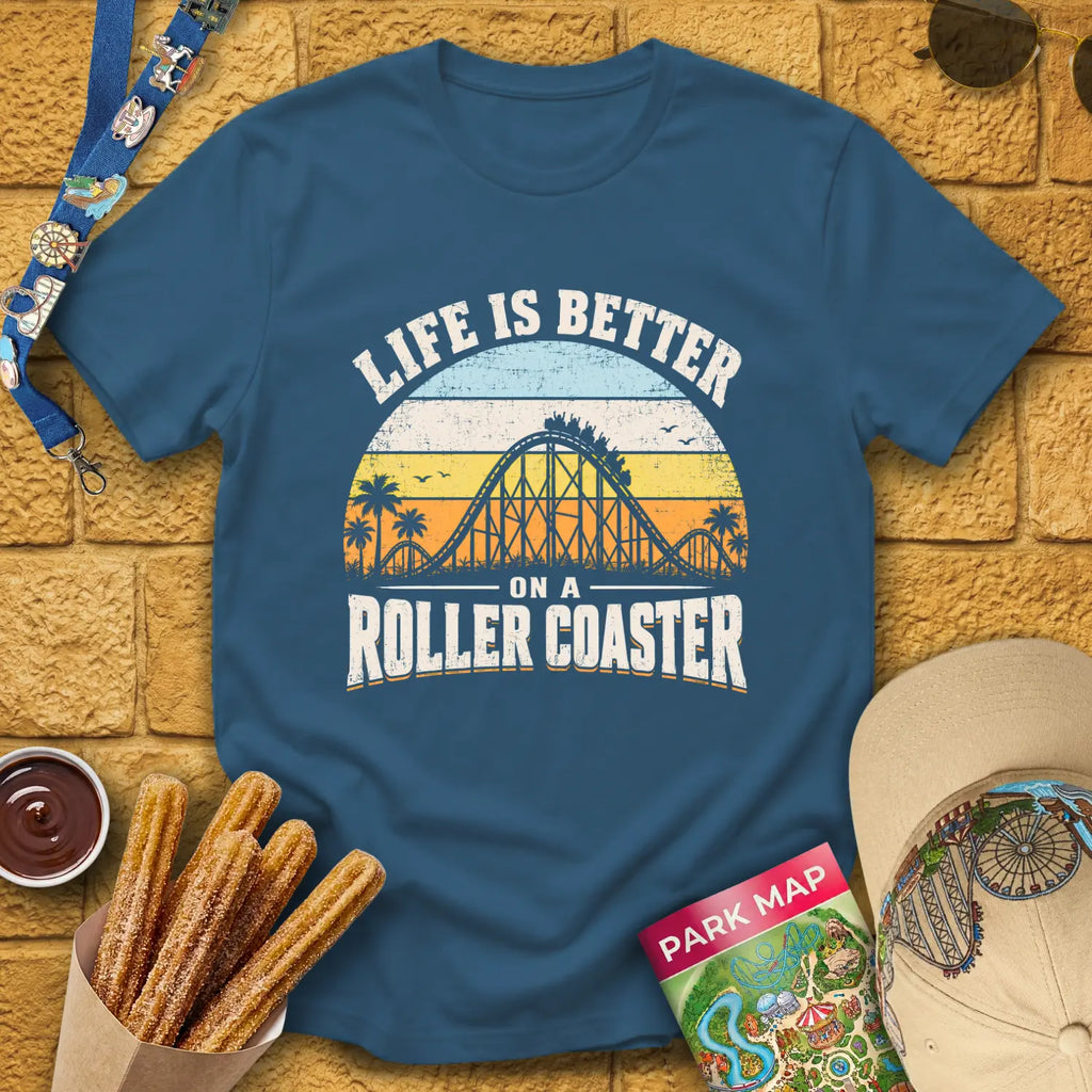 Life's Better On Coaster [Sunset] T-Shirt for Theme Park Fans (Indigo Blue)