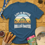 Life's Better On Coaster [Sunset] T-Shirt for Theme Park Fans (Indigo Blue)