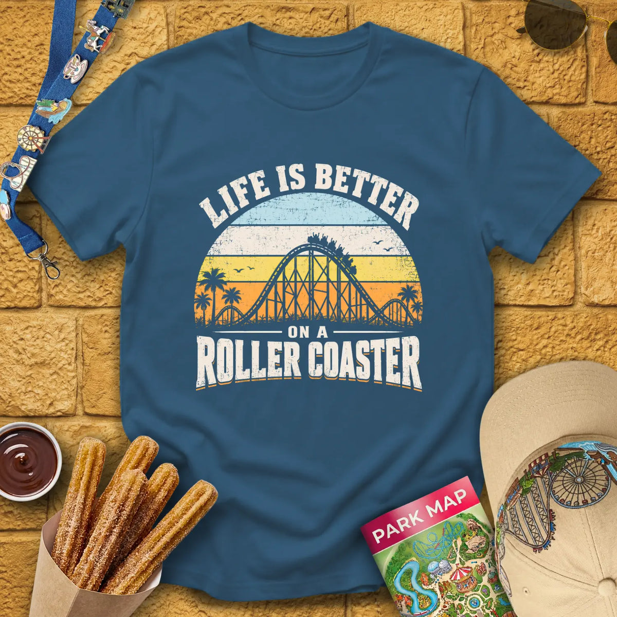 Life's Better On Coaster [Sunset] T-Shirt for Theme Park Fans (Indigo Blue)