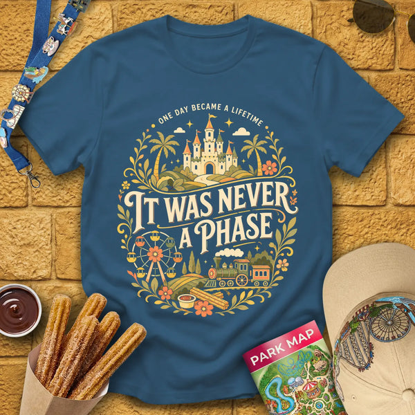 Never A Phase [BohoOval] T-Shirt for Theme Park Fans (Indigo Blue)